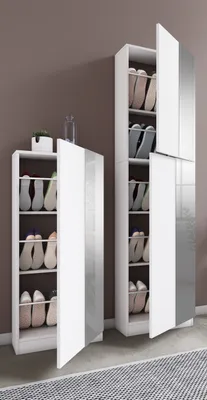 Two modern shoe cabinets are shown in a room with a brown wall and a patterned rug.