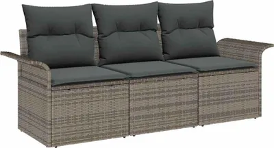 Produktbild von vidaXL Garten-Sofa-Set mit Kissen mit Speicher 3 pcs Grau Poly Rattan