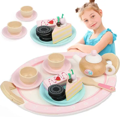 Zdjęcie produktu dla Drewniany Zestaw Do Herbaty Czajnik Filiżanki Taca Ciastka