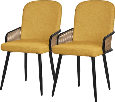 Produktbild von ML-Design Esszimmerstühle 2er Set Senf Stoffbezug Küchenstuhl mit Rattan Optik-Armlehnen Gepolsterte Stühle mit Metallbeinen Sessel ergonomisch