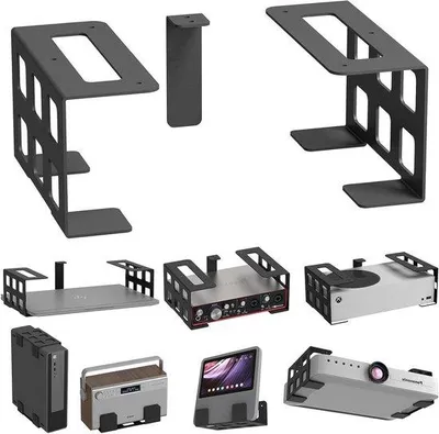 Immagine prodotto di Supporto universale per dispositivi spessi fino a 9 cm, supporto in acciaio per ufficio/soffitto/parete - compatibile con Xbox, PS5, proiettore, mini-PC, TV-Box, router, laptop