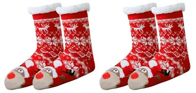 Productafbeelding van Kerstsokken - 2 paar - met teddyfleece voering en een antislipzool - met noppen - voor dames en heren - winter sokken met elandmotief - rood