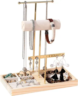 Immagine prodotto di Portagioie regolabile, a 3 livelli, color oro, con supporti per orecchini e bracciali, ideale per la conservazione dei gioielli
