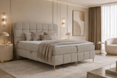 Image de Lit à lattes Kaiser avec deux tiroirs de rangement, revêtement en tissu Corbett, couleur beige, dimensions 180x200 cm, modèle LOLLY