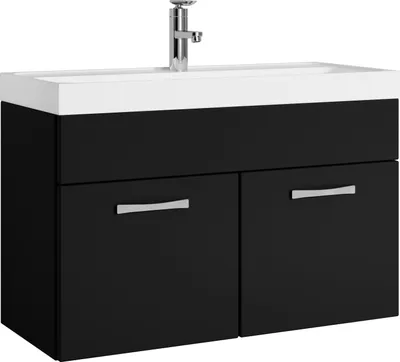 A black bathroom vanity with a white sink and a chrome faucet, presented against a white background.