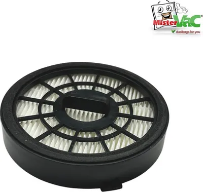 A round, black vacuum cleaner filter with white pleated material inside, set against a white background. A logo is visible in the top right corner.