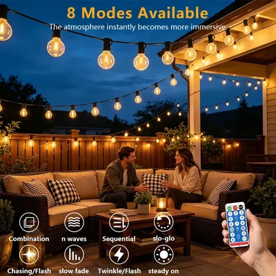 Image de Guirlande lumineuse LED G40 à énergie solaire - 7 mètres - 10 ampoules LED - Télécommande - Intensité variable - Étanche - 8 modes d'éclairage