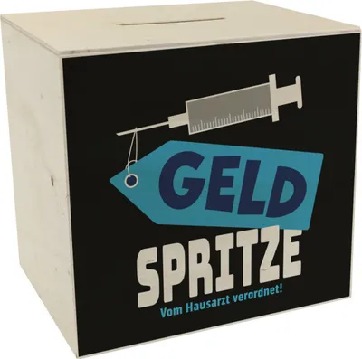 Produktbild von Geldgeschenk Spardose aus Holz mit Geldspritze Motiv in Schwarz