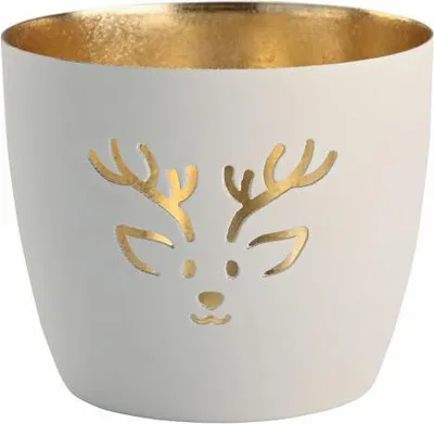 Produktbild von Gift Company Windlicht Madras Rentier M, Teelichthalter, Kerzenhalter, Eisen, weiß / Gold, H 8.5 cm, 1145504001