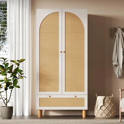 Produktbild von Flieks Kleiderschrank Garderobenschränke mit Kleiderstange, Garderobe mit Schublade und höhenverstellbaren Regalen, Rattan 2-türig Schrank, Weiß