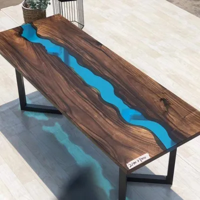 Image de résine époxy table de rivière Véritable bois massif Bleu eau Tissche Epoxy Meuble Nouveau