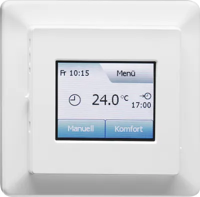 A white electronic thermostat with a touch screen display.