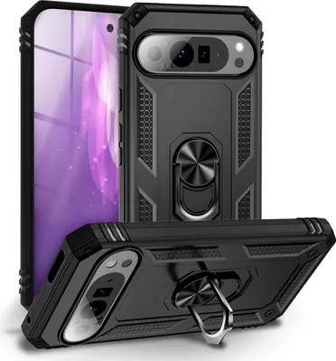 Zdjęcie produktu dla Etui na Google Pixel 9 Pro - wojskowe etui ochronne z pierścieniem obracanym o 360°, pancerne etui na telefon komórkowy - wytrzymałe i antypoślizgowe - czarne