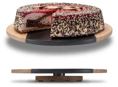 Produktbild von Fino Casa drehbare Schieferplatte mit Edelholz rund als Servierplatte Kuchenplatte Wurstplatte Käseplatte Die Schiefer Platte mit Holz Tortenplatte