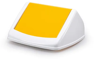 A white trash can lid with a yellow flap is shown against a white background.
