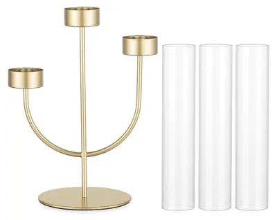 Zdjęcie produktu dla Trójramienna świecznica ze szklanymi kloszami, wykonana z solidnego metalu, złota, wysokość 51,5 cm