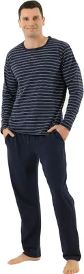 Produktbild von ALBERT KREUZ Herren Schlafanzug Langarm mit langen Hosen Stretch-Baumwolle marine - gestreift, 06/L