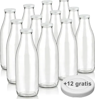 Produktbild von Genieß-Bar! 12 Glasflaschen 1000 ml, leer, BPA-frei, mit 24 Deckeln, neutrales Design für Milch, Smoothies, Saft
