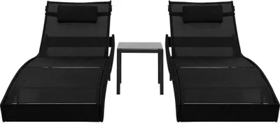 Image de vidaXL Bains de soleil 2 pcs. avec table Poly rotin et Textilène noir