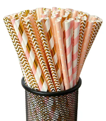 Produktbild von 100 Stück biologisch abbaubare Papierstrohhalme mit buntem Streifenmuster, lebensmittelecht, ideal für Partys