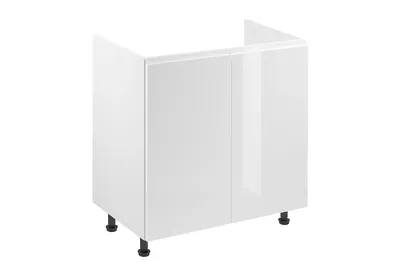 A white kitchen cabinet with two doors and black legs, shown against a white background.
