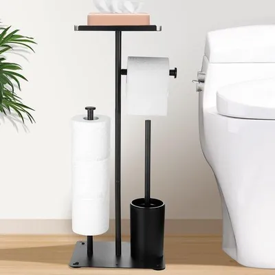 Productafbeelding van Azomor® Vrijstaand toiletrolhouder in matzwart met geïntegreerde borstel en opbergruimte