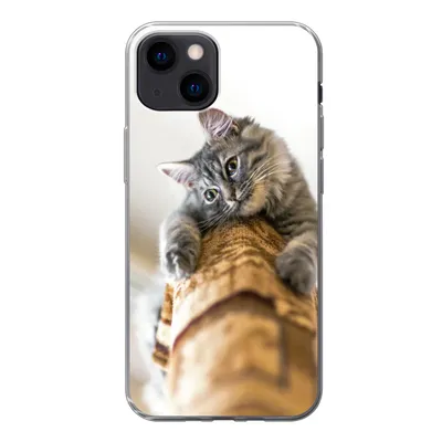Produktbild von MuchoWow® Handyhülle Schutzhülle Hülle für iPhone 13 mini Katze - Kratzbaum - Grau Silikon Softcase Handy Hülle - Softcase