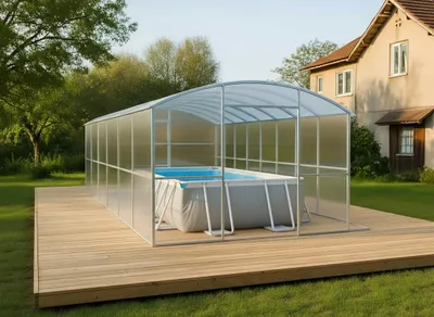 Obrázek produktu pro Krycí plachta na bazén od firmy Garten Dream "Avalon" 3x4M s 4mm polykarbonátem Celoroční použití. Odolný proti sněhu a větru. Dvojité dveře na každé straně. Ochrana proti korozi