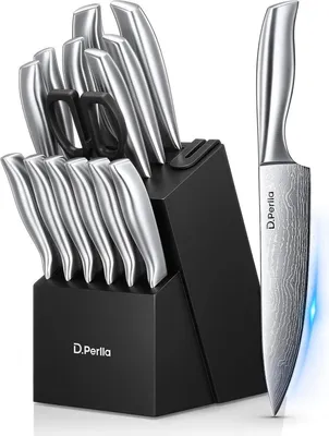 Obrázok produktu pre Prémiový blok na nože 15 TLG Samoostriaci blok na nože s nožmi Sada nožov z nehrdzavejúcej ocele s ergonomickou rukoväťou a dreveným blokom Profesionálna sada kuchynských nožov