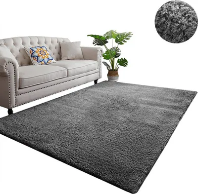 A gray rug is placed in front of a light-colored sofa with decorative pillows and a potted plant nearby.