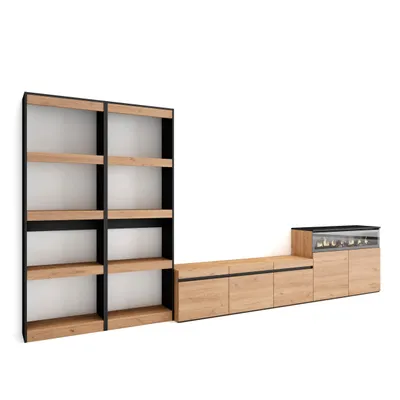Produktbild von Wohnwand Wohnzimmer, 370x35x186cm, Für TV-Geräte bis zu 65", Elektrokamin, Eiche und Schwarz