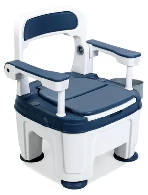 Produktbild von Höhenverstellbarer Nachttisch-Toilettenstuhl, tragbare Toilette mit Sicherheitsarmlehnen, multifunktionale Badezimmertoilette für Senioren und Personen mit Behinderung, blau