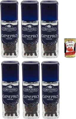 Produktbild von La Drogheria, Bacche Di Ginepro, Wacholderbeeren, säuerlicher und kräftiger Geschmack, für Fleisch- und Wildgerichte 6x 35g + Italian Gourmet polpa 400g