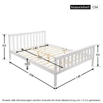 Productafbeelding van Tweepersoonsbed 140 x 200 cm van massief grenenhout met lattenbodem, 23.5 cm opbergruimte, wit