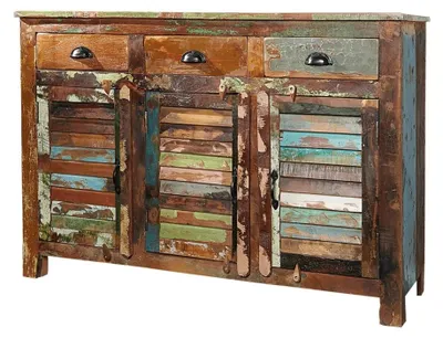 Image de Buffet PATCHWOOD 125 cm en bois recyclé multicolore – 3 portes, 3 tiroirs