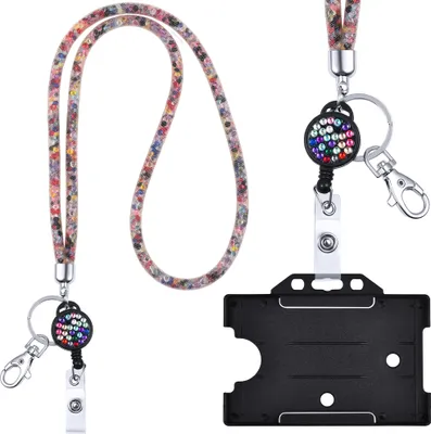 A product image showing a lanyard with an ID card holder and a retractable reel.