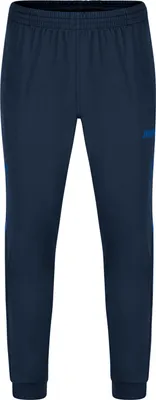 A pair of navy blue children's polyester pants with a royal blue logo on the left thigh.
