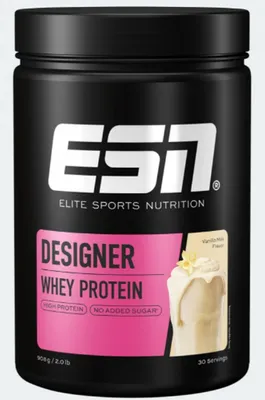 Produktbild von ESN Designer Whey Protein, Pulver, Milcheiweiß, Vanille, Molkenproteinmischung 92 % (ultrafiltriertes Molkenproteinkonzentrat, cross-flow mikrofiltriertes..., Für eine Portion mixt du 30 g Pulver mit 200 ml Wasser in einem Shaker. Schon bist du fertig und..., 22 g