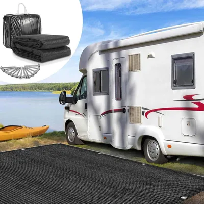 Productafbeelding van Kampeertapijt voor onder de luifel, gemaakt van HDPE, 240 g/m², 200 x 200 cm, zwart, 1 tapijt met 13 haringen, UV-bestendig en aan beide zijden bruikbaar