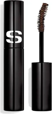 A black mascara tube with the 'S' logo and the mascara wand with brown mascara applied.