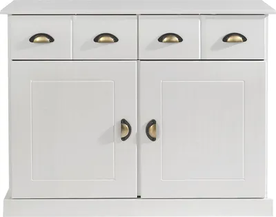 Produktbild von Kommode PARIS aus massiver Kiefer in weiß, schönes Sideboard mit 2 Türen, praktische Apothekerkommode mit 2 Schubladen, zeitlose Schubladenkommode mit Muschelgriffe