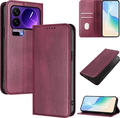 Obrázek produktu pro Pouzdro pro Xiaomi 17 Pro, vintage kožené pouzdro s RFID ochranou, přihrádkami na karty, stojánkem Červený