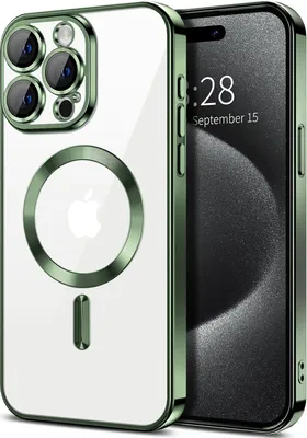 Produktbild von Magnetische Klar Hülle für iPhone 15 Pro Max, Kompatibel mit MagSafe, Elektroplattiert Handyhülle mit Kameraschutz Dunkelgrün