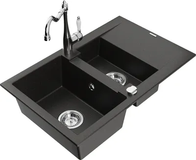 Produktbild von Mexen Gaspar 1,5-Becken-Granitspüle mit Abtropffläche und Mischbatterie Carla, Schwarz/Gold metallisch - 6507-75-670700-00