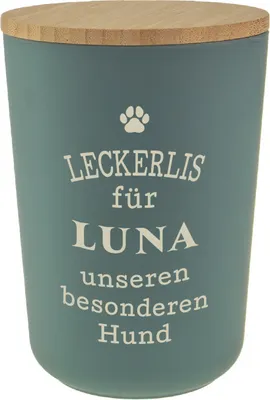 Produktbild von Personalisierte Futterdose, Vorratsdose zur Aufbewahrung m.Holzdeckel u. Silikondichtung f.Katzen u. Hunde Accessoires - Leckerlidose Luna