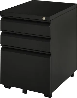 Productafbeelding van Rolcontainer met 3 lades, kantoorkast op wielen, met gebogen handgreep, staal, zwart