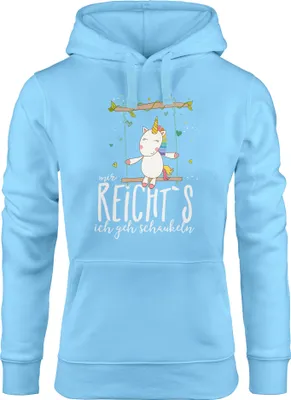 Produktbild von Damen Kapuzen-Pullover Hoodie Einhorn auf Schaukel Mir reicht`s ich geh schaukeln Spruch Moonworks® hellblau S