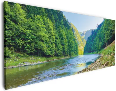 Produktbild von Wallario Premium Leinwandbild Fluss in den Bergen an steinigem Ufer in Größe 50 x 125 cm