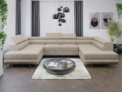 A large U-shaped sectional sofa in a modern living room setting.