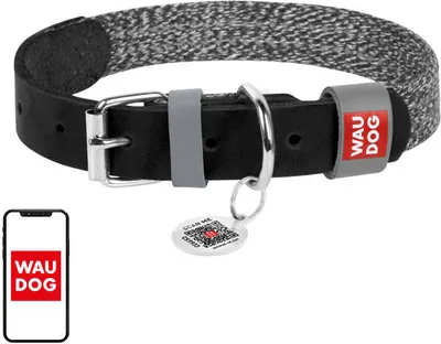 Zdjęcie produktu dla Obroża dla psa z naturalnej skóry i materiału recyklingowego z kodem QR Waudog rozmiar S, szer. 15 mm, czarna